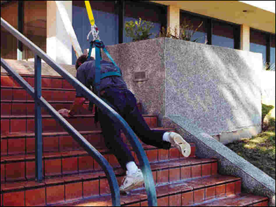 A man slips on stairs sprayed with an anti-pirate slick foam A man slips on stairs sprayed with an anti-pirate slick foam