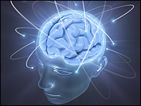 An image of a human brain glowing in blue.