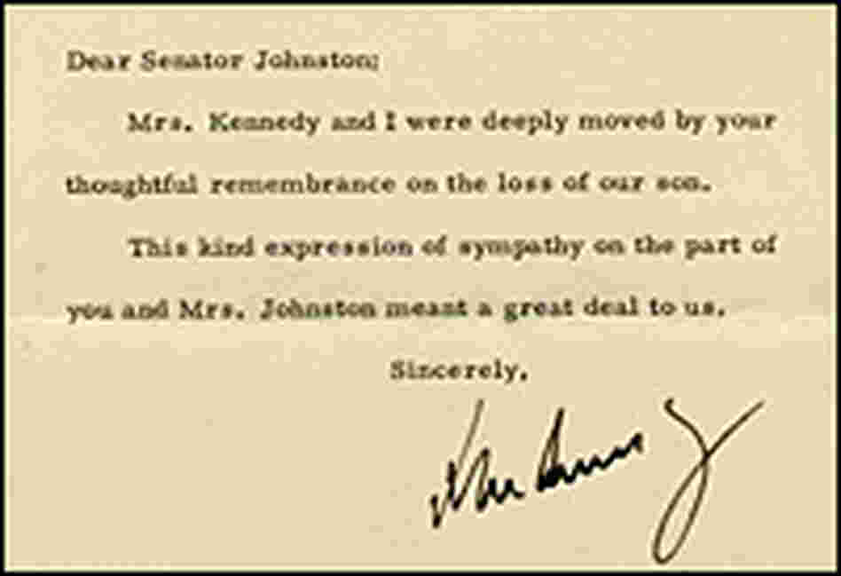 John F. Kennedy's signature in a letter to Sen. Olin Johnson