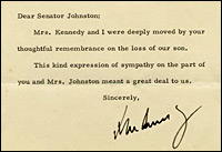 John F. Kennedy's signature in a letter to Sen. Olin Johnson