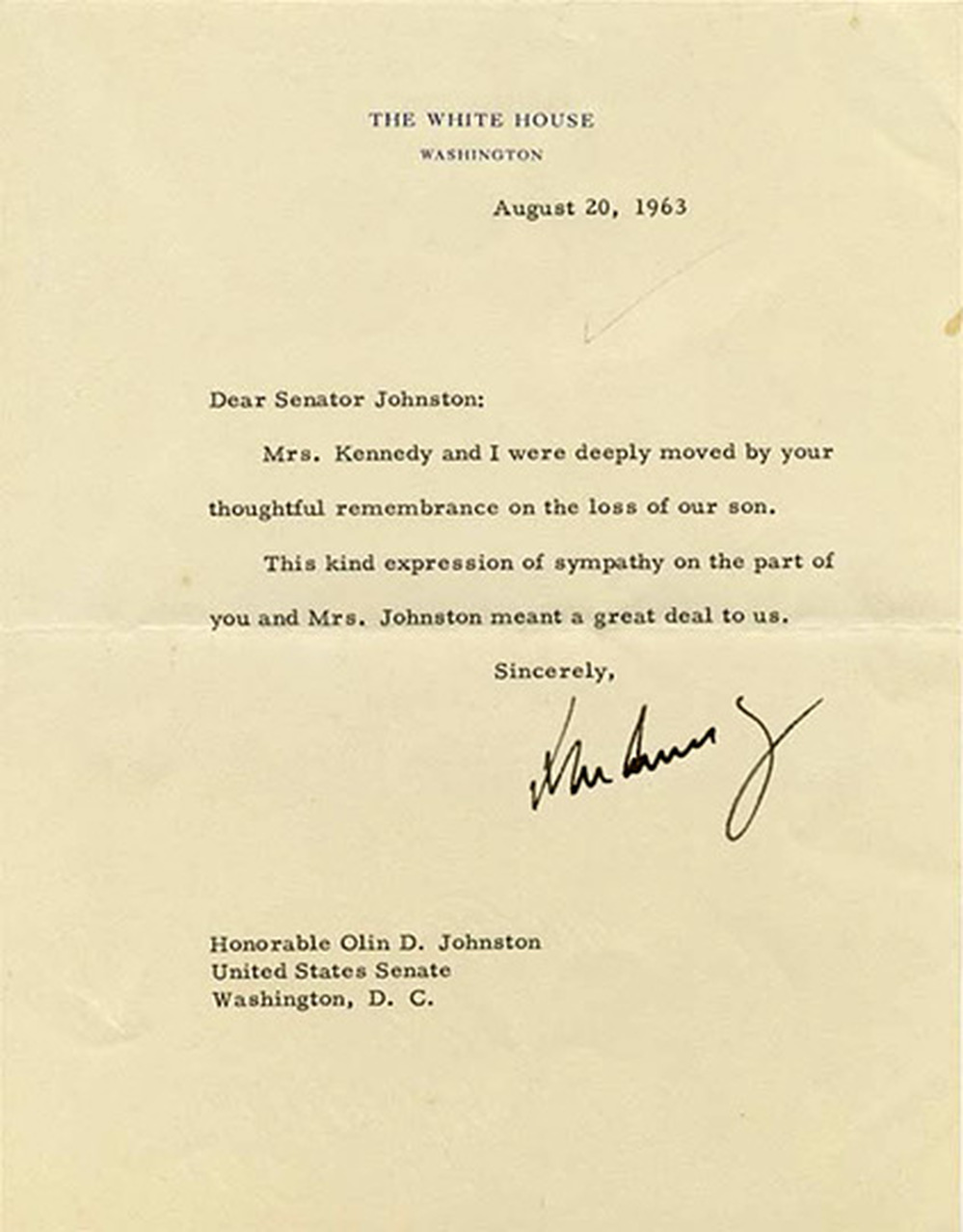 John F. Kennedy's signature in a letter to Sen. Olin Johnson