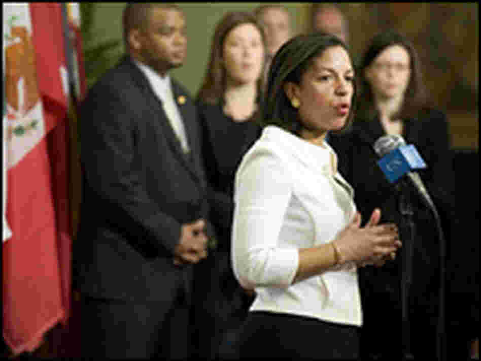 Susan Rice answers reporters' questions on Jan. 26 at the United Nations in New York.