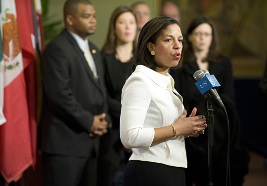 Susan Rice answers reporters' questions on Jan. 26 at the United Nations in New York.