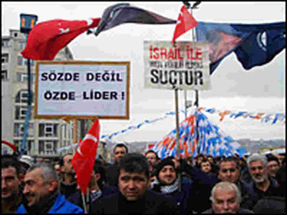 Crowd, some with anti-Israel signs, listens to Turkish Prime Minister Recept Tayyip Erdogan