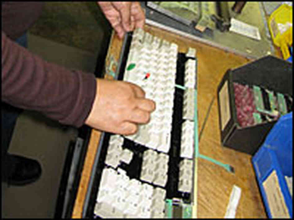 Bonnie Collins at the keyboard factory.