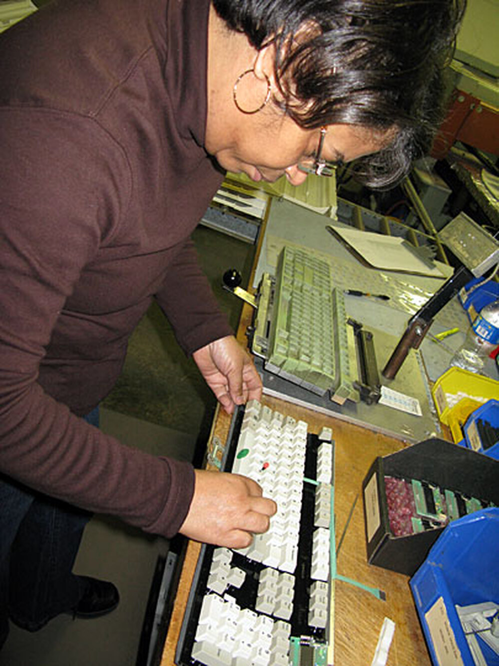 Bonnie Collins at the keyboard factory.