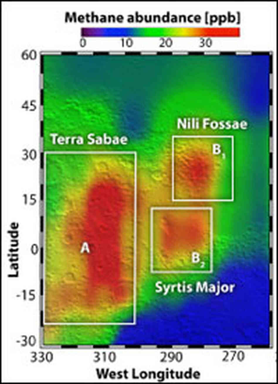 Red marks the presence of methane gas near an area called Nili Fossae Red marks the presence of methane gas near an area called Nili Fossae