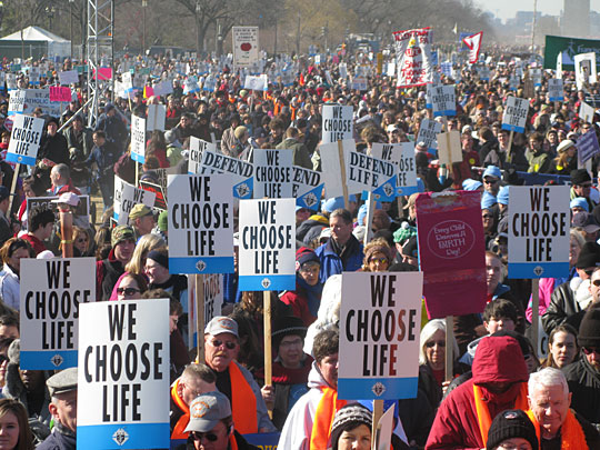 Anti-abortion demonstrators gather at the National Mall in Washington on Jan. 22, 2009.