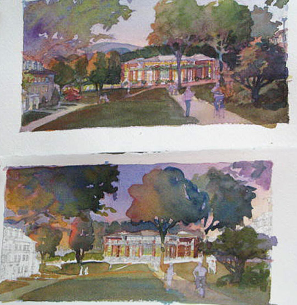 Two of Barbara Ratner's architectural drawings.