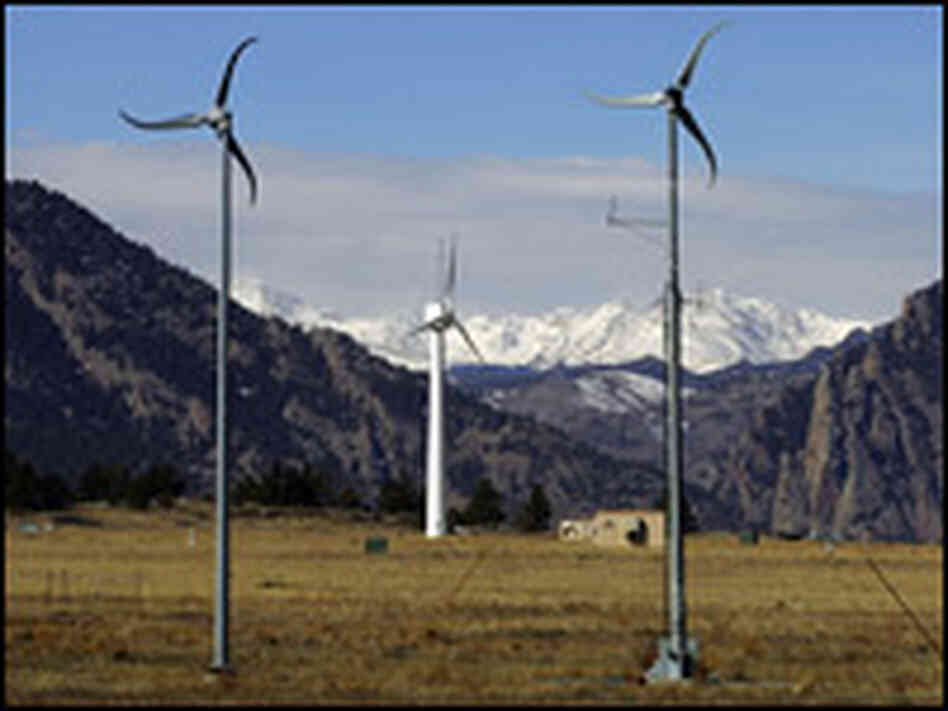 Wind turbines at the National Renewable Energy Laboratory Wind Farm near Boulder, Colo.