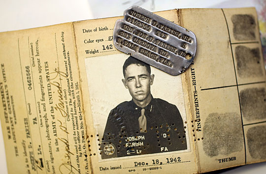 Joseph Farish's dog tag and military ID from 1943