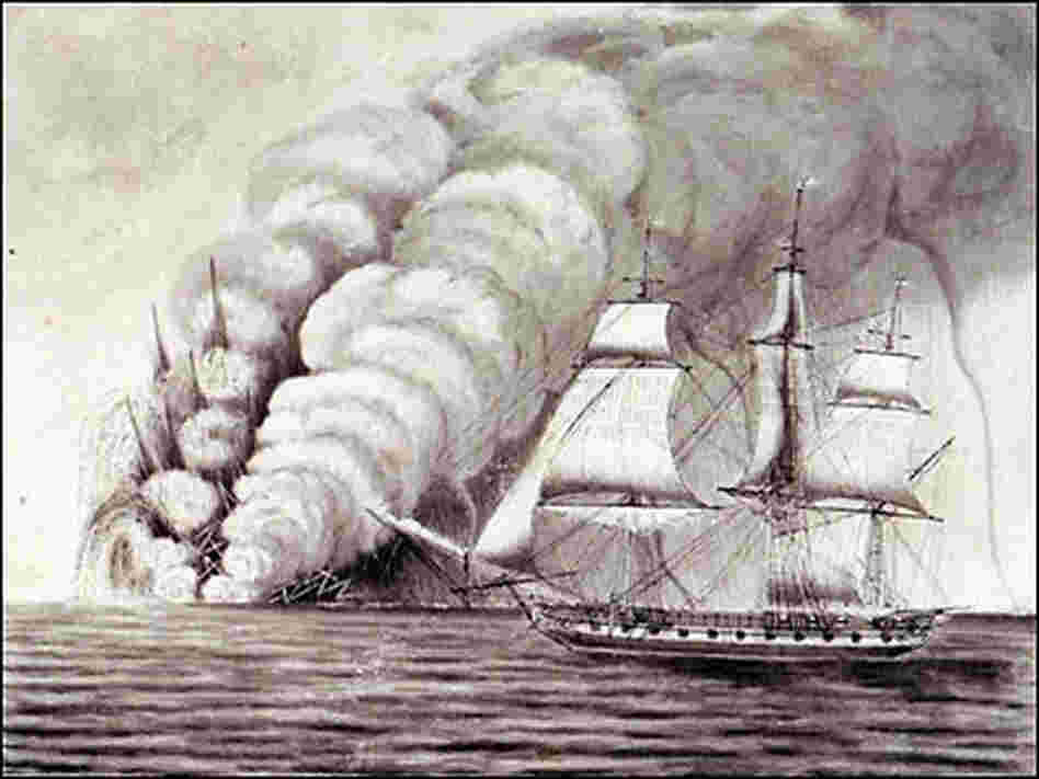 A drawing of the HMS Sabrina encountering the eruption A drawing of the HMS Sabrina encountering the eruption