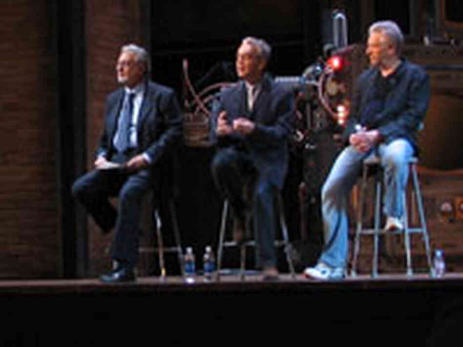 Placido Domingo, Howard Shore and David Cronenberg on the set of 'The Fly'