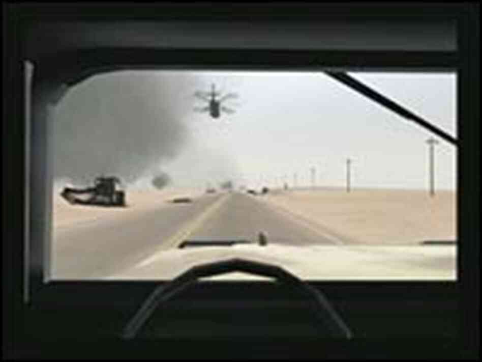 What the soldier sees -- behind the wheel of a Humvee, racing down a road in Iraq What the soldier sees -- behind the wheel of a Humvee, racing down a road in Iraq