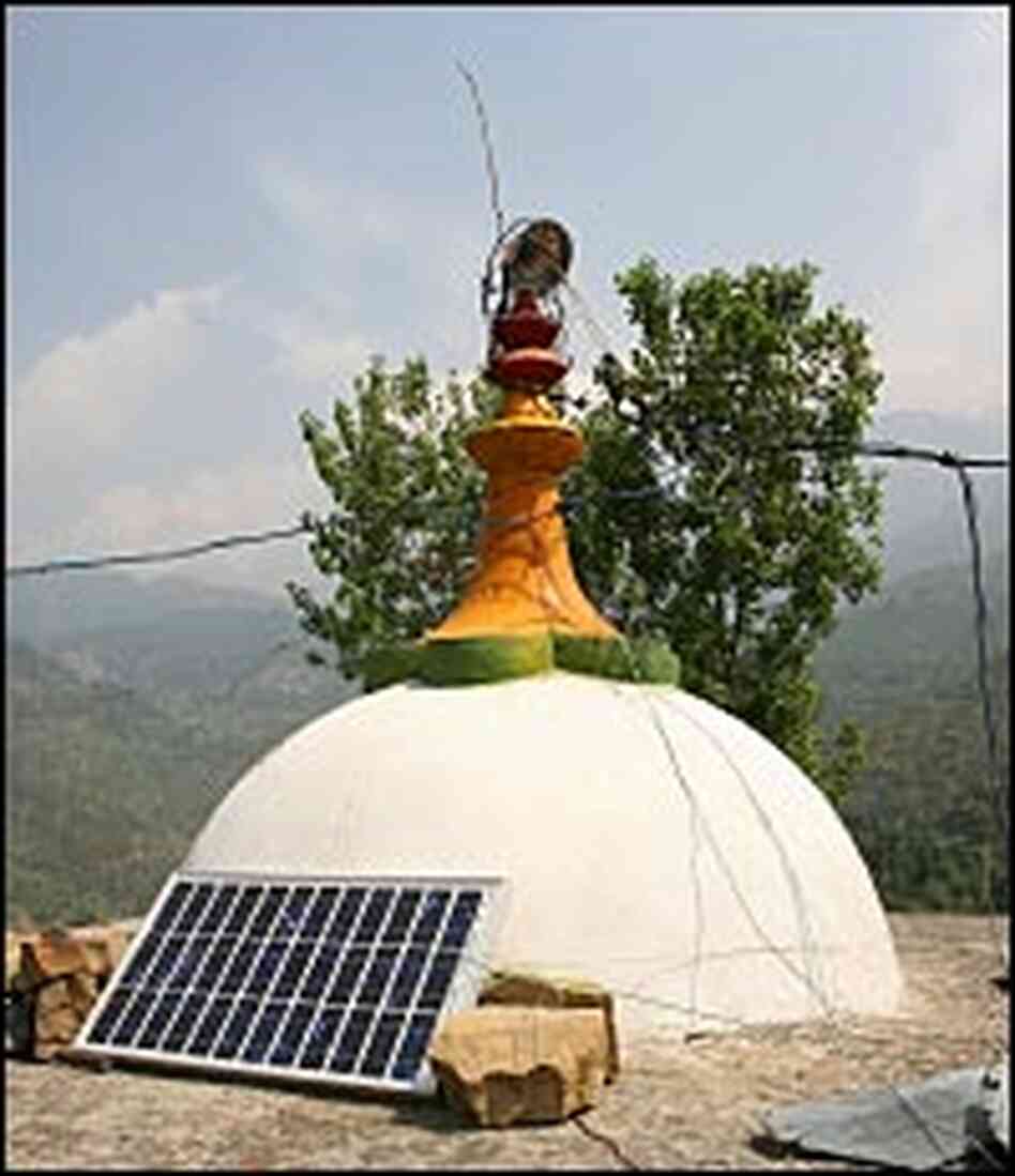 A solar panel to power the mesh network, mounted on top of a Hindu temple near Dharamsala.