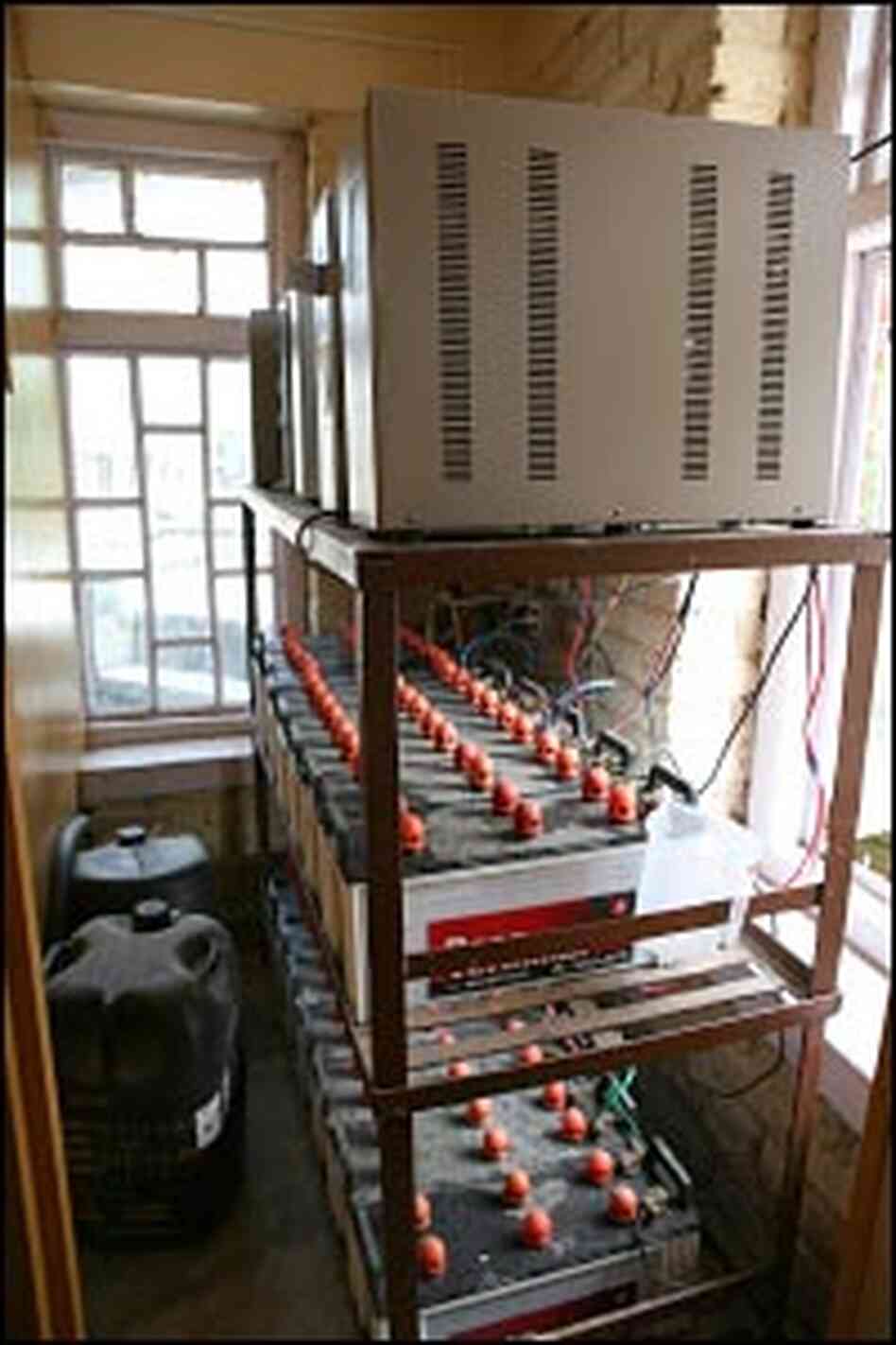 Rows of batteries provide backup power to the mesh network when electricity fails Rows of batteries provide backup power to the mesh network when electricity fails