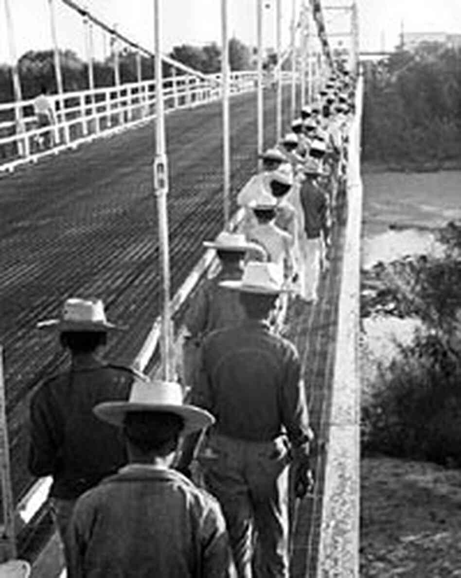 In an undated photo, braceros cross the border across the Rio Grande into Texas. In an undated photo, braceros cross the border across the Rio Grande into Texas.