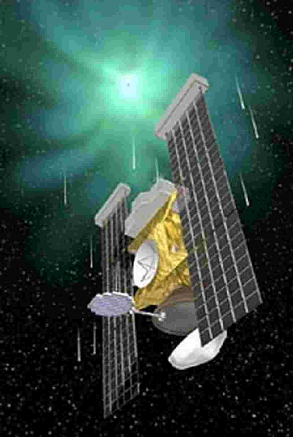 In this illustration, the Stardust probe has a close encounter with Comet P/Wild 2. In this illustration, the Stardust probe has a close encounter with Comet P/Wild 2.