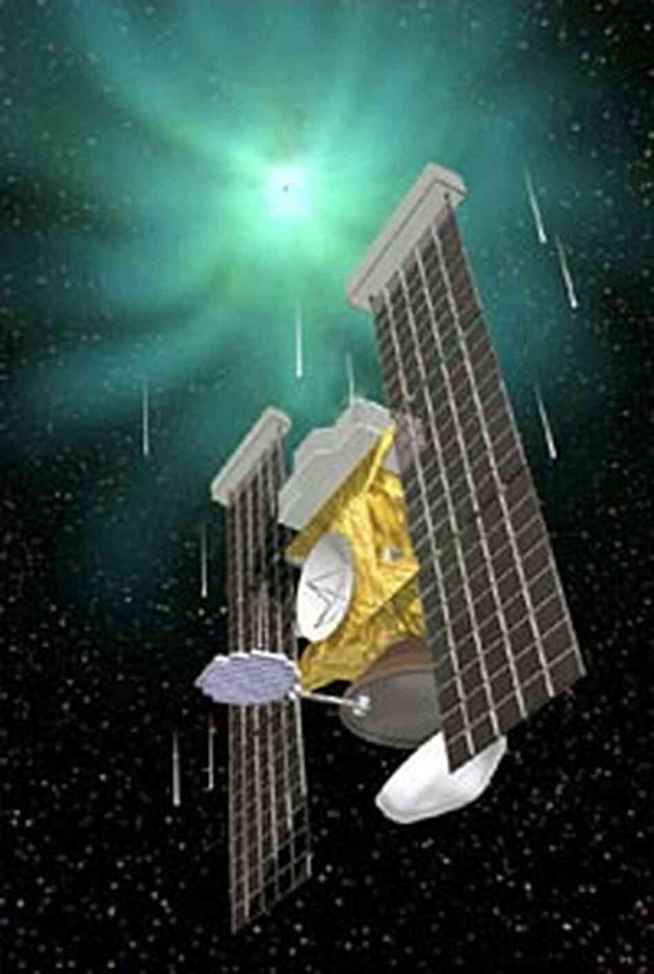 In this illustration, the Stardust probe has a close encounter with Comet P/Wild 2. In this illustration, the Stardust probe has a close encounter with Comet P/Wild 2.
