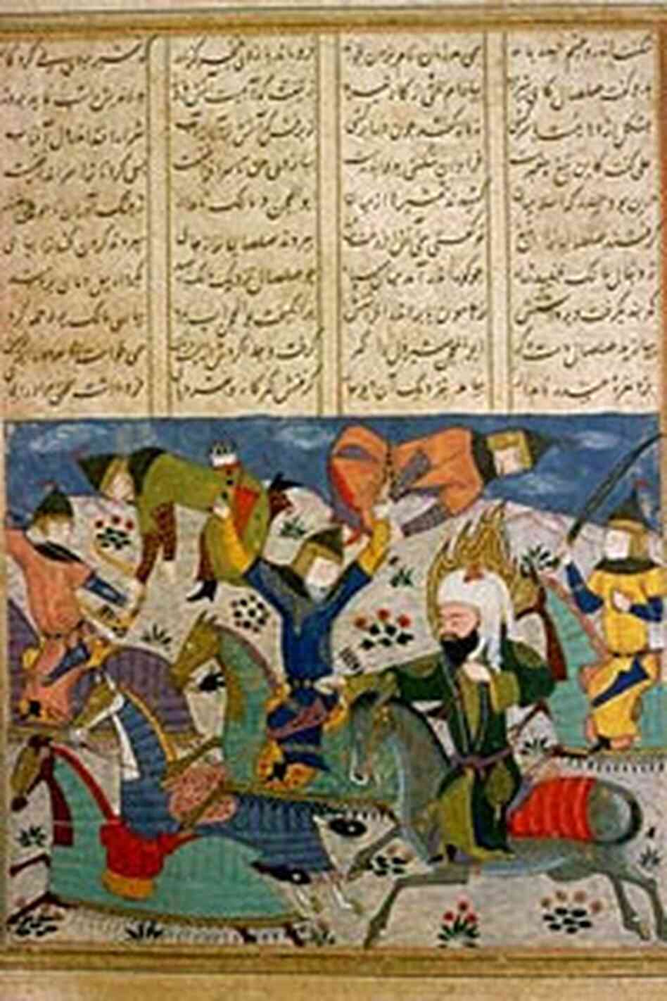 A battle scene from an illustrated version of the 'Shahnameh,' on display in Tehran.