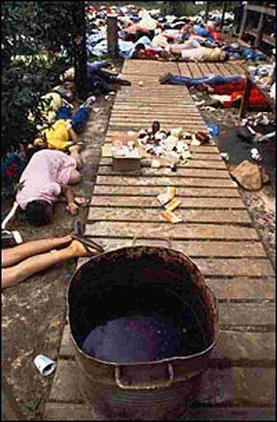 Bodies lay strewn around a vat containing a beverage laced with cyanide Bodies lay strewn around a vat containing a beverage laced with cyanide