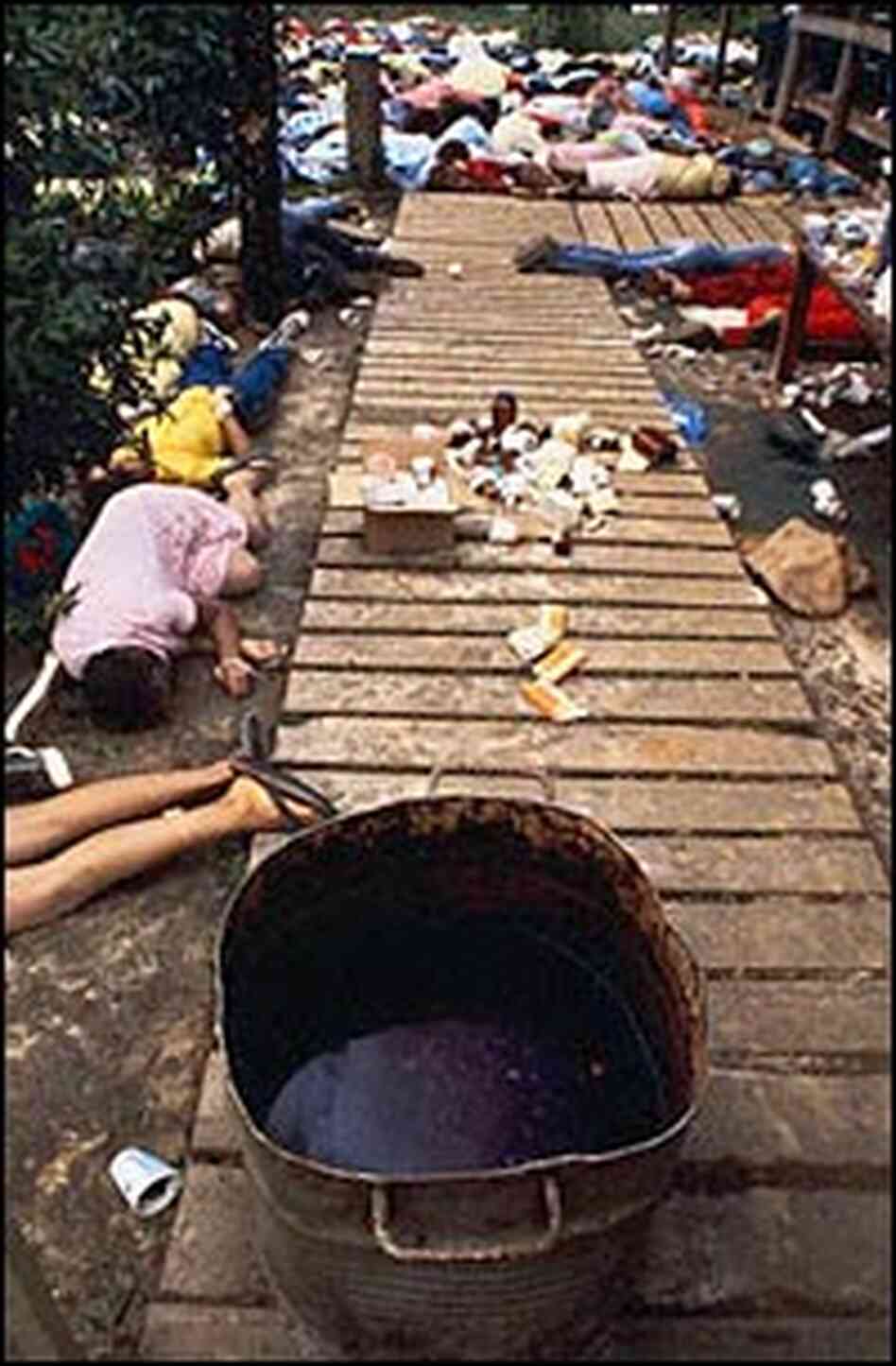 Bodies lay strewn around a vat containing a beverage laced with cyanide Bodies lay strewn around a vat containing a beverage laced with cyanide