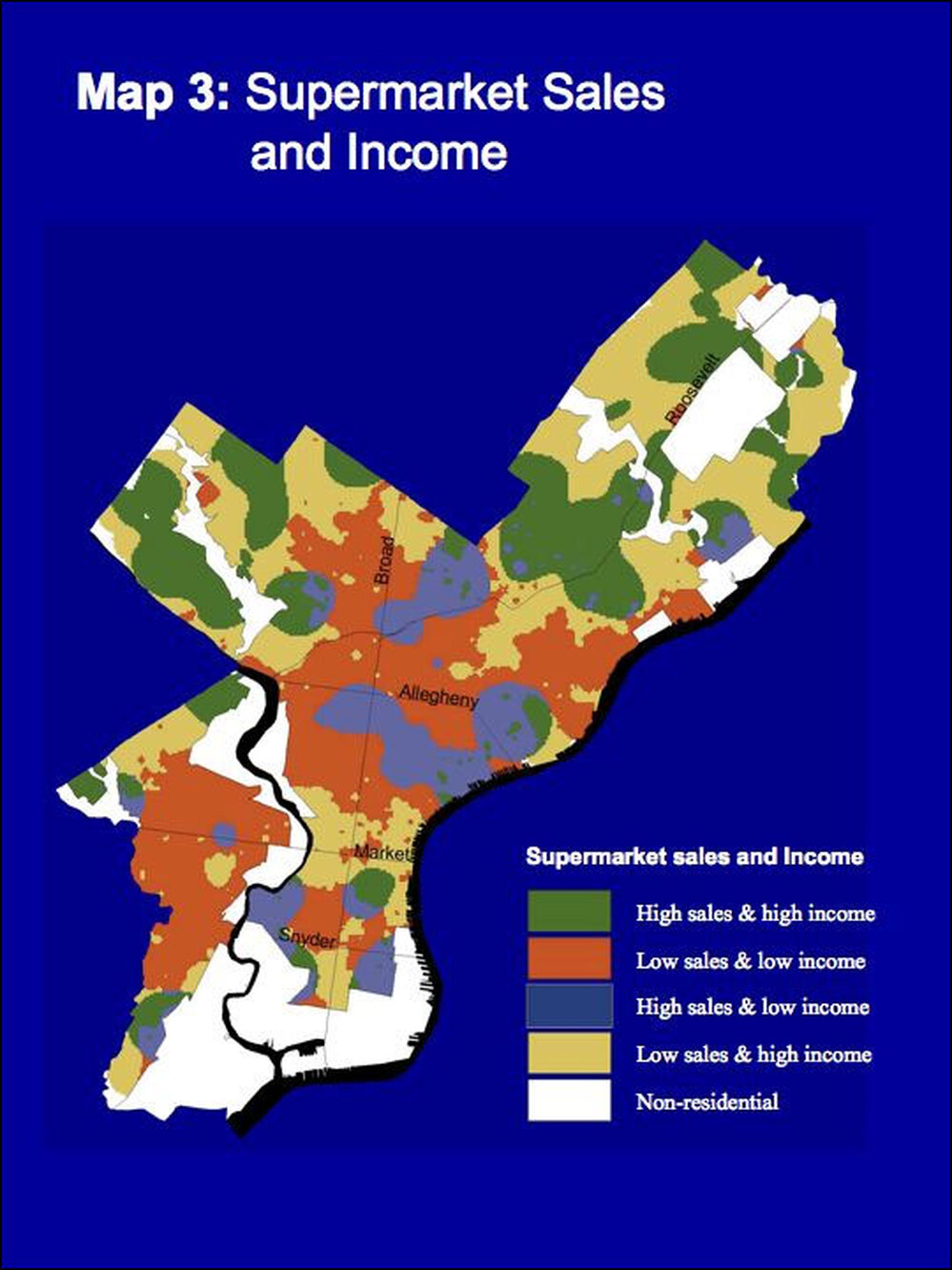 A GIS map of grocery options in Philadelphia maps both supermarket sales and income.