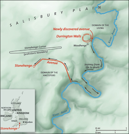 Map showing the location of Durrington Walls and Stonehenge in England's Salisbury Plain.