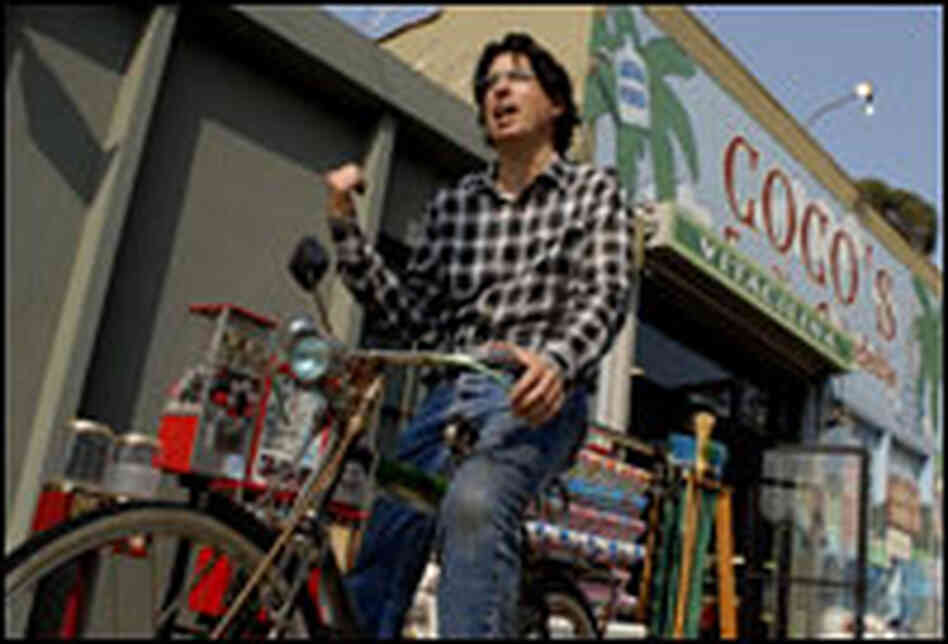 Mr. Jalopy on a bicycle