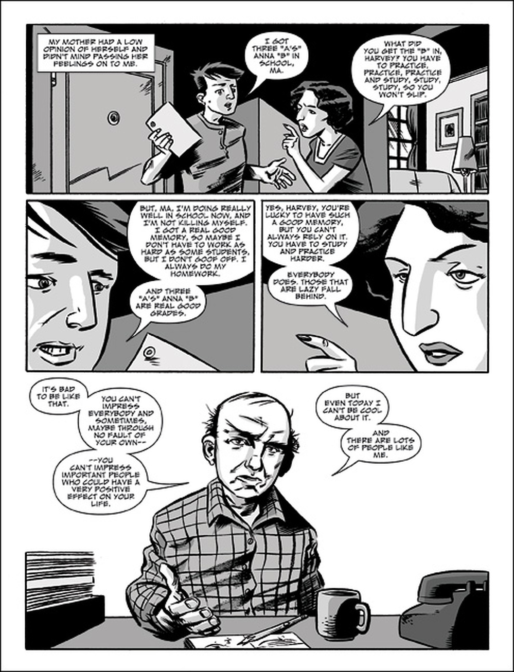 The artist and his mother discuss school.