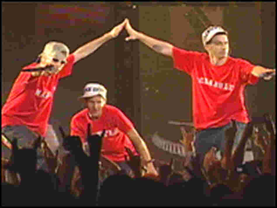 On stage, in a rage: The Beastie Boys. On stage, in a rage: The Beastie Boys.