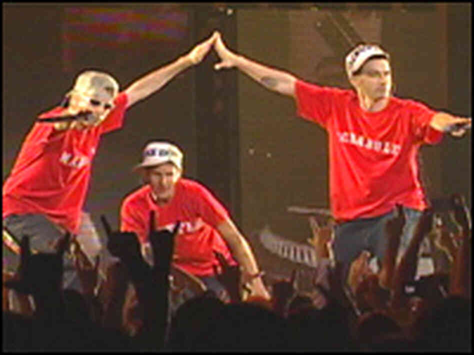 On stage, in a rage: The Beastie Boys. On stage, in a rage: The Beastie Boys.