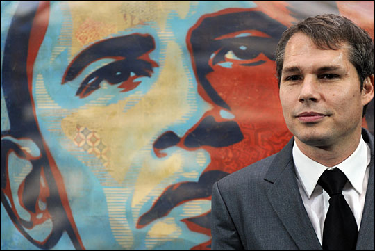 Shepard Fairey's portrait of Obama was installed at the National Portrait Gallery in Washington on Jan. 17, 2009. [Photo by Jewel Samad/AFP/Getty Images/NPR]