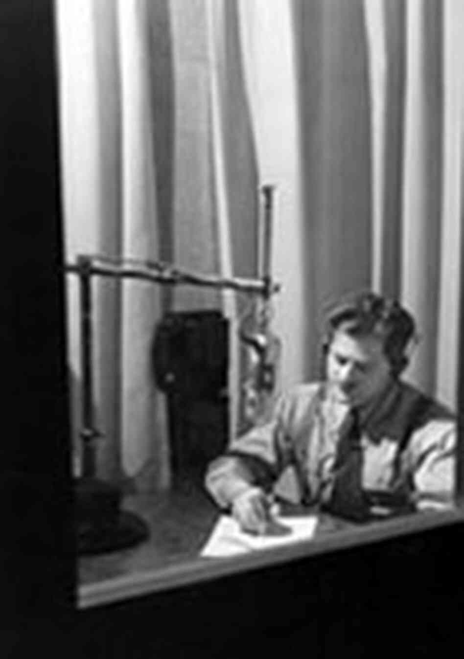 Norman Corwin in a sound studio, narrating his One World Flight series in 1947. Norman Corwin in a sound studio, narrating his One World Flight series in 1947.