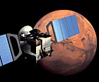 A computer illustration of the Mars Express in Mars orbit.