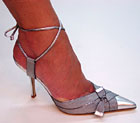 Silver shoe with moire ribbon and ankle strap