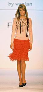 Cashmere tree sweater and coral tiered skirt