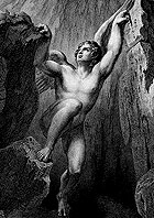 An engraving of Lucifer emerging from the chasm in 'Paradise Lost'
