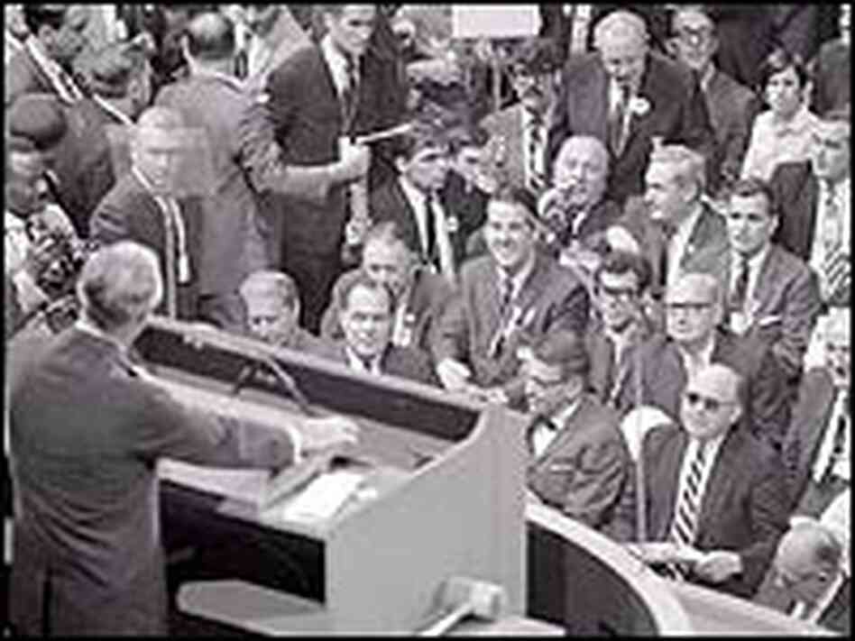 Sen. Abraham Ribicoff addresses convention delegates. Sen. Abraham Ribicoff addresses convention delegates.