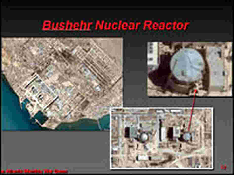 A slide used in the war game shows satellite photos of Iran's Bushehr nuclear reactor.