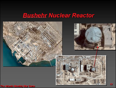A slide used in the war game shows satellite photos of Iran's Bushehr nuclear reactor.