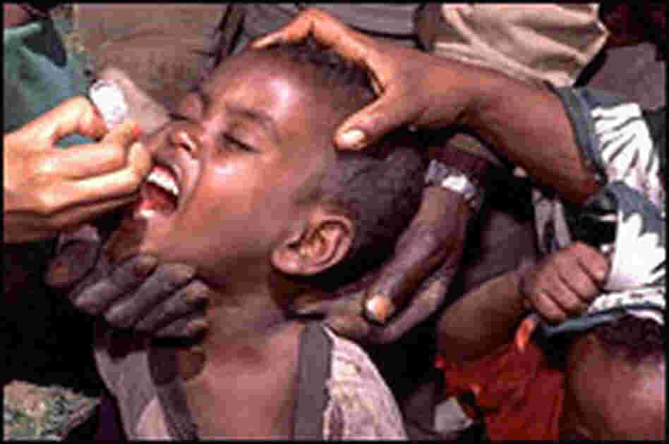 Global eradication efforts continue. Above, an Ethiopian child receives the oral polio vaccine. Global eradication efforts continue. Above, an Ethiopian child receives the oral polio vaccine.