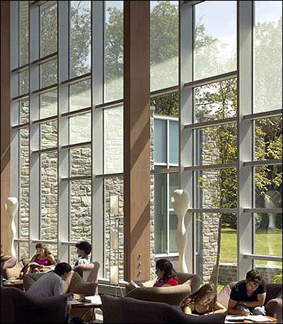 Swarthmore College's new science center combines clear glass with bird-friendly fritted glass. 