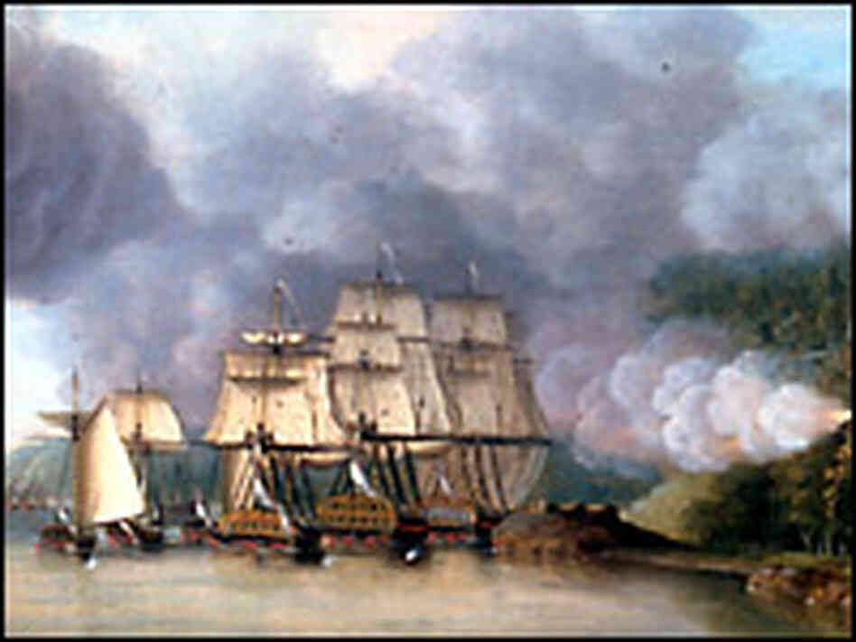 British ships under fire on the Hudson. Credit: Dominic Serres. From: U.S. Naval Academy Museum.