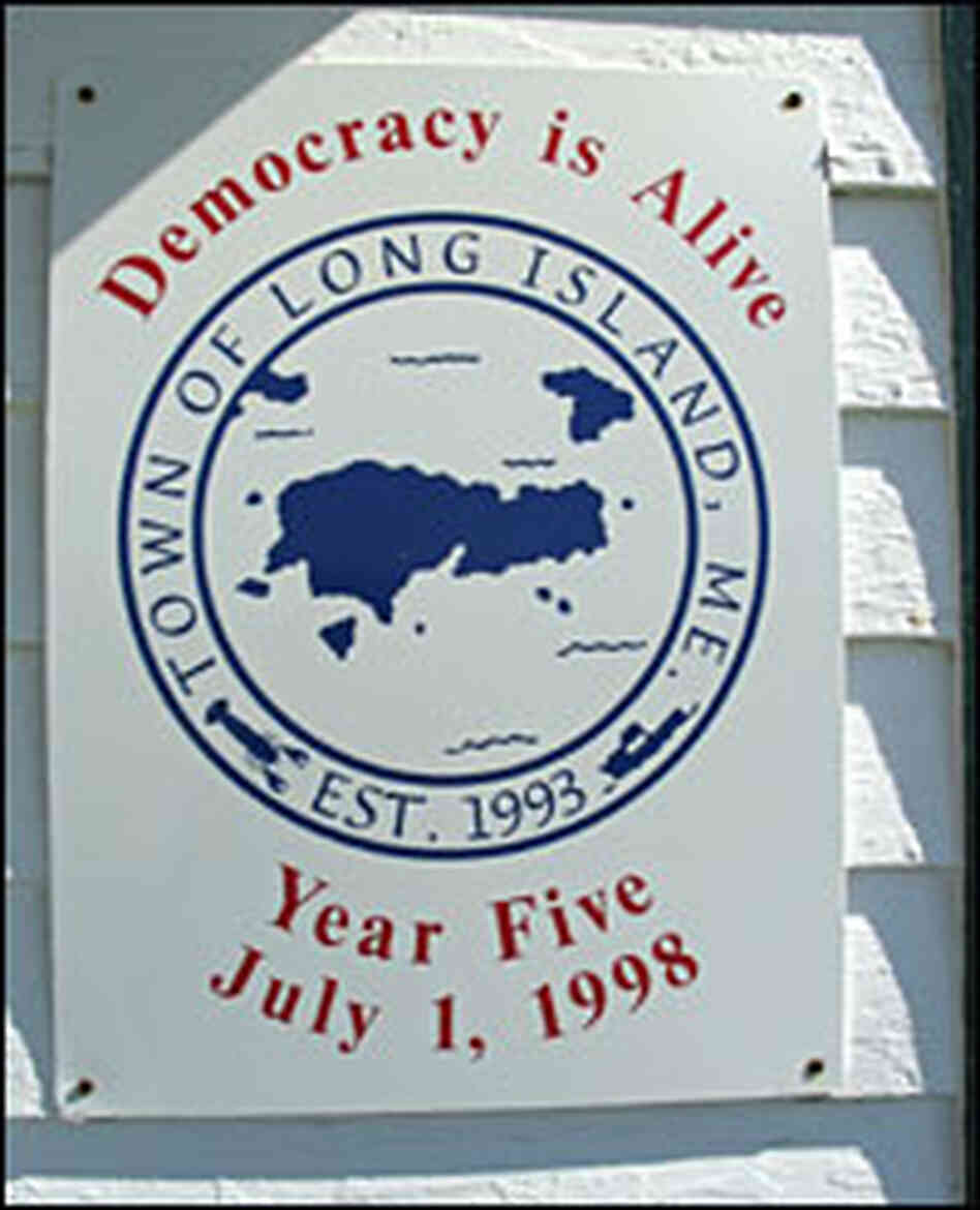 A sign marks the five-year anniversary Maine's Long Island succession from the city of Portland. A sign marks the five-year anniversary Maine's Long Island succession from the city of Portland.
