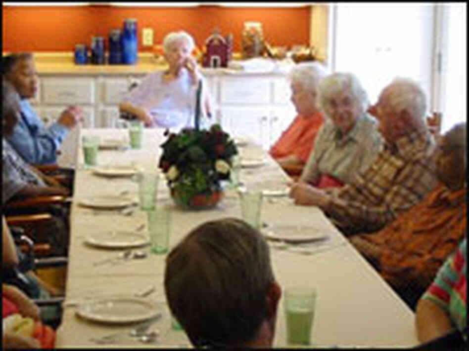 Residents of Green House nursing homes eat leisurely dinners in a family-like setting. Residents of Green House nursing homes eat leisurely dinners in a family-like setting.