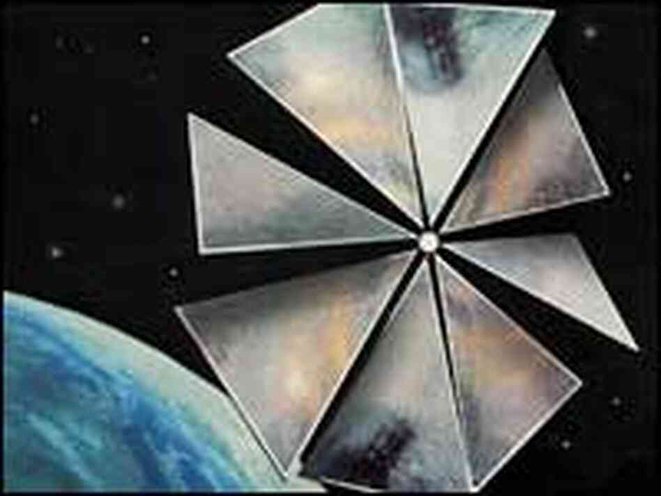 An artist's conception of the Cosmos 1 in orbit, with solar sails deployed. An artist's conception of the Cosmos 1 in orbit, with solar sails deployed.