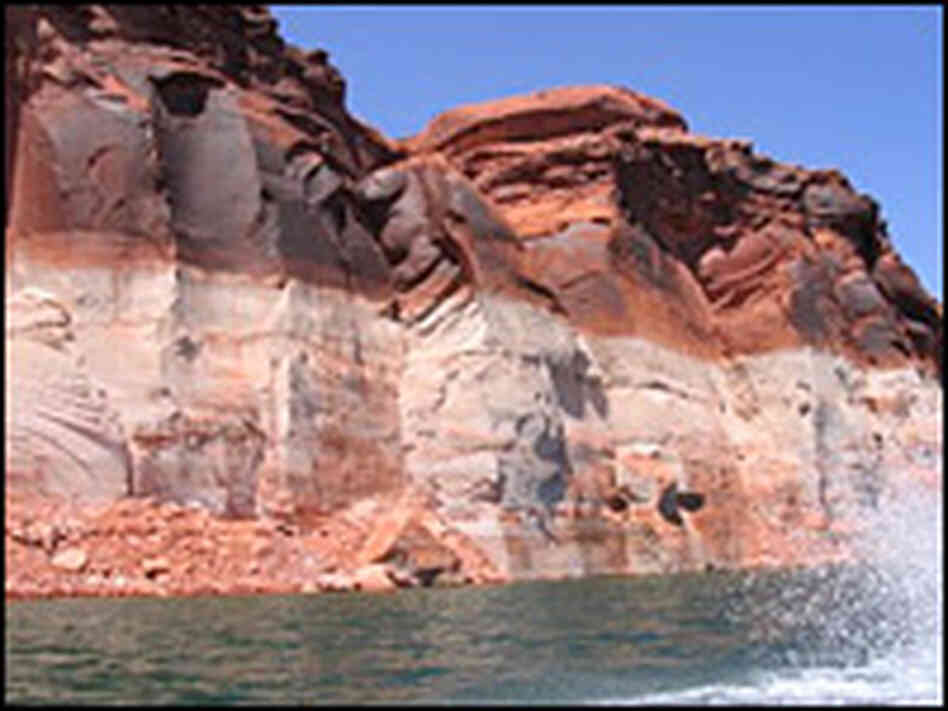Current water levels in Lake Powell lie far below the "bathtub ring" high-water mark.