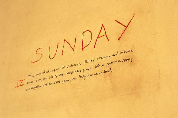 Notes detailing the plot of 'A Fable' cover the wall at Rowan Oak.