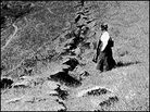 A woman near the 1906 ground rupture. A woman near the 1906 ground rupture.